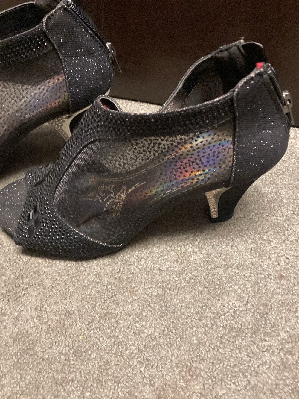 Pierre Dumas Black Glitter Mesh Peep-Toe Kitten Heel Pumps